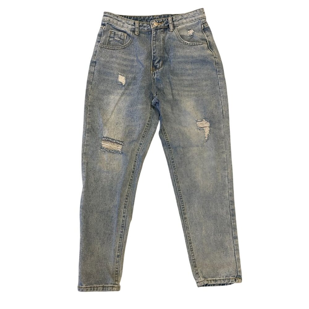 SHEIN High-Waisted Distressed Mom Jeans - Small Light Wash Tapered Boyfriend Fit